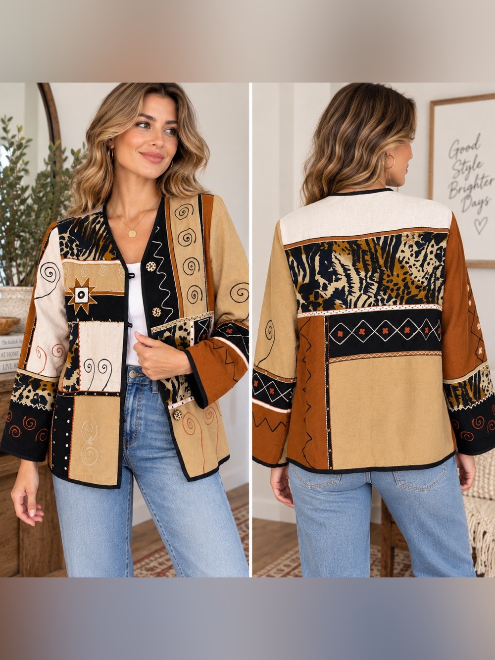 Indigo Moon Vintage Patchwork Jacket L Embroidered Boho Animal Print Y2K